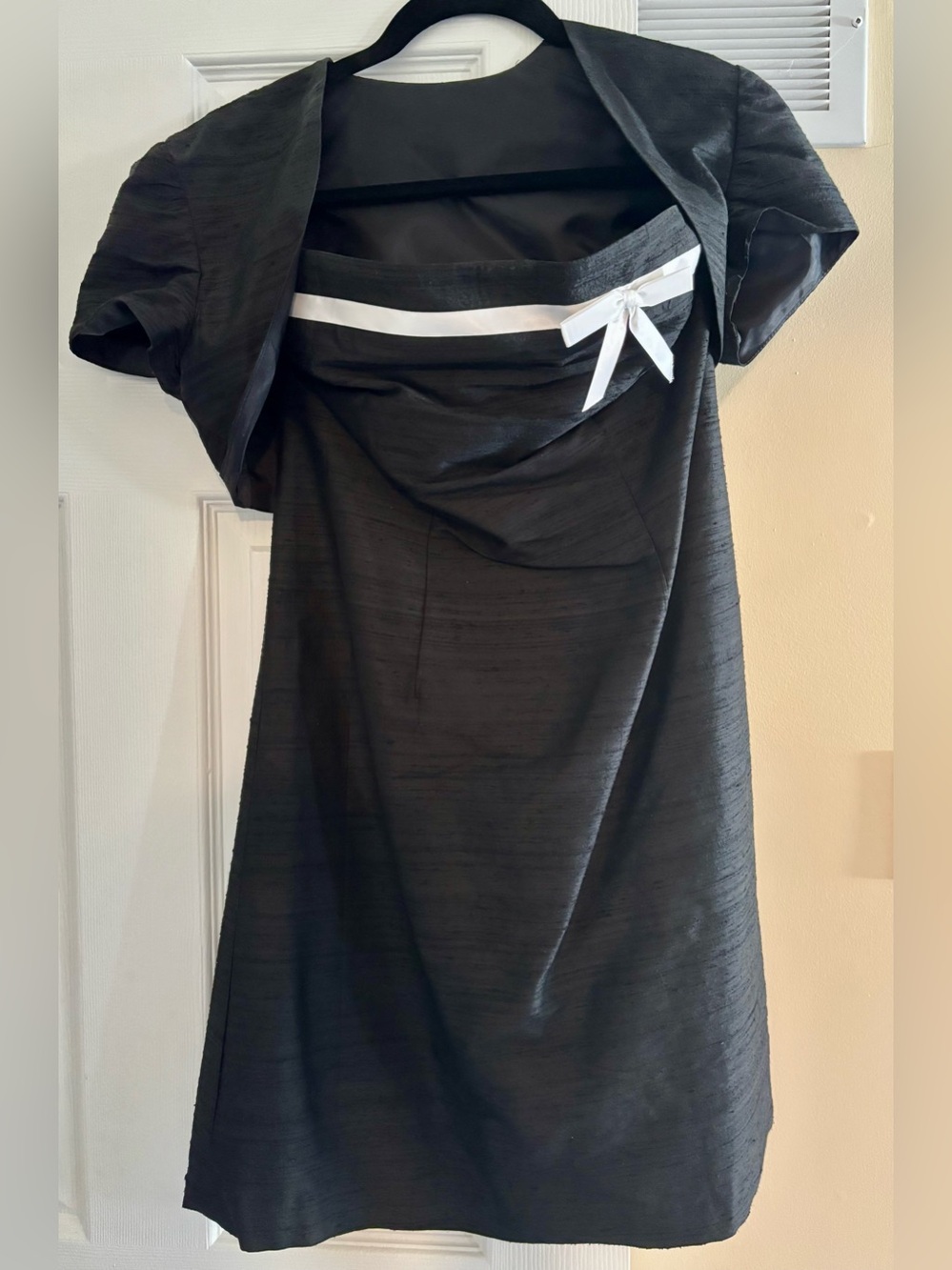 Black Dress with White Bow Accent - Women's Elegant Sheath Dress